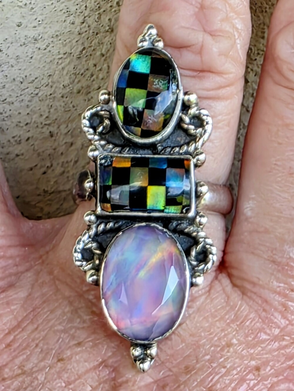 Aurora Opal & Black Onyx Gemstone Ring In 925 Sterling Silver (9)